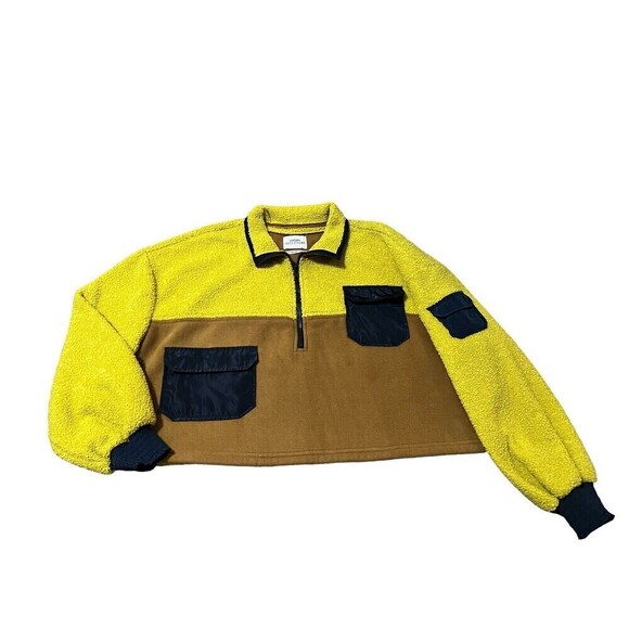 Urban Outfitters Fleece Jacket Crop Cropped Deep Pile 1/2 Zip Yellow/brown M - Picture 1 of 9
